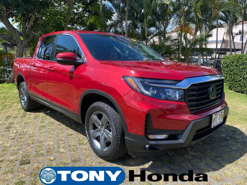 2023 Honda Ridgeline RTL in Radiant Red Metallic II — front three-quarter view